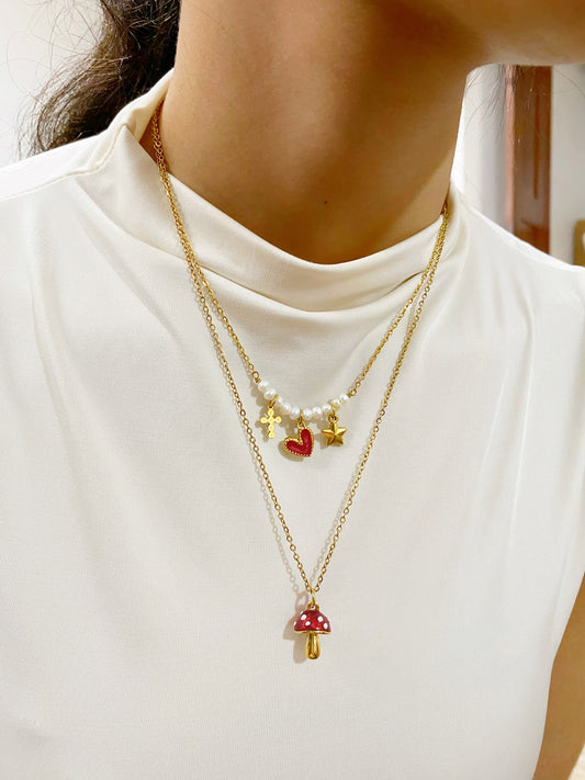 Cadena con cruz, corazón y estrella con perlitas de rio
