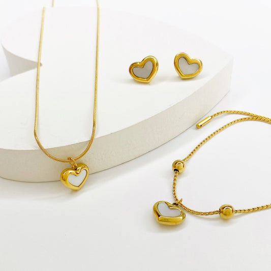 cadena corazon nacar set arete pulsera