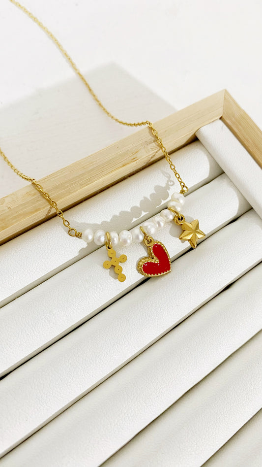 Cadena con cruz, corazón y estrella con perlitas de rio