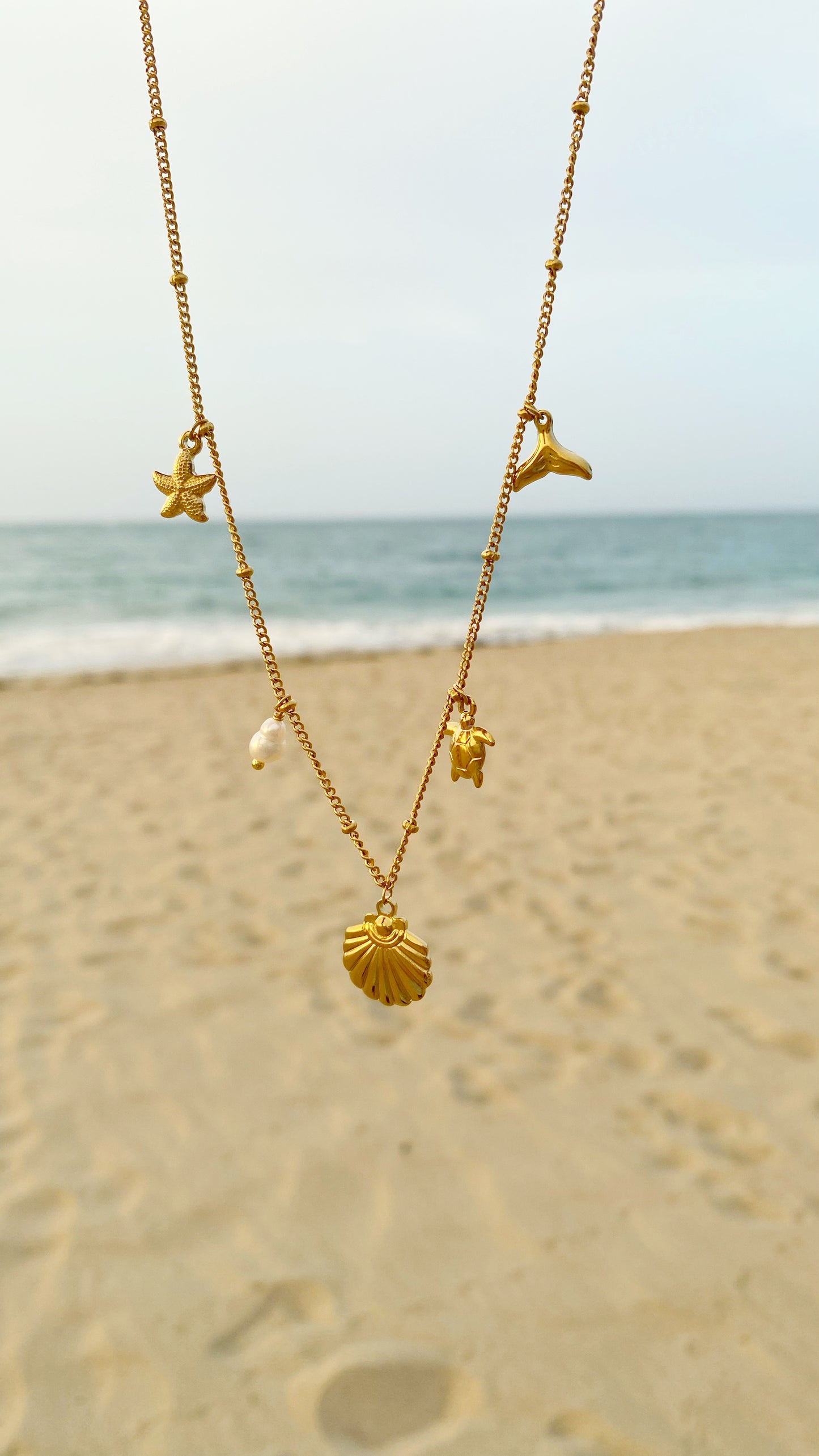 Cadena con perla de rio y dijes marinos