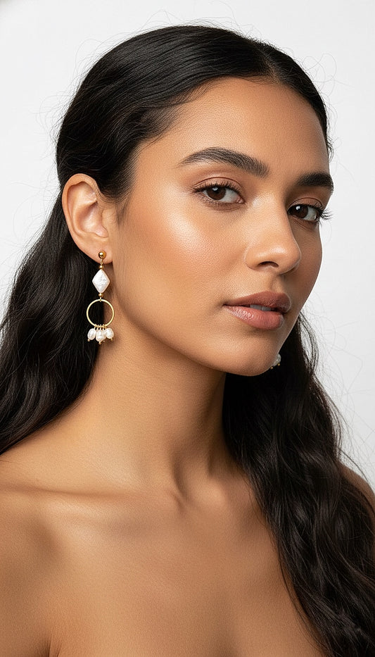 Aretes de perla rombo con aro y perlas