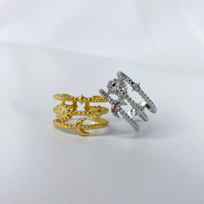 anillo ajustable luna sol estrella trio