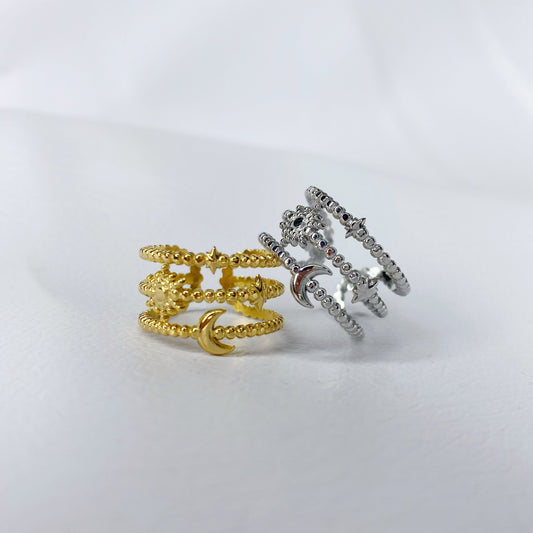 anillo ajustable luna sol estrella trio