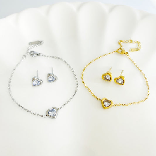 set pulsera arete corazon zirconia