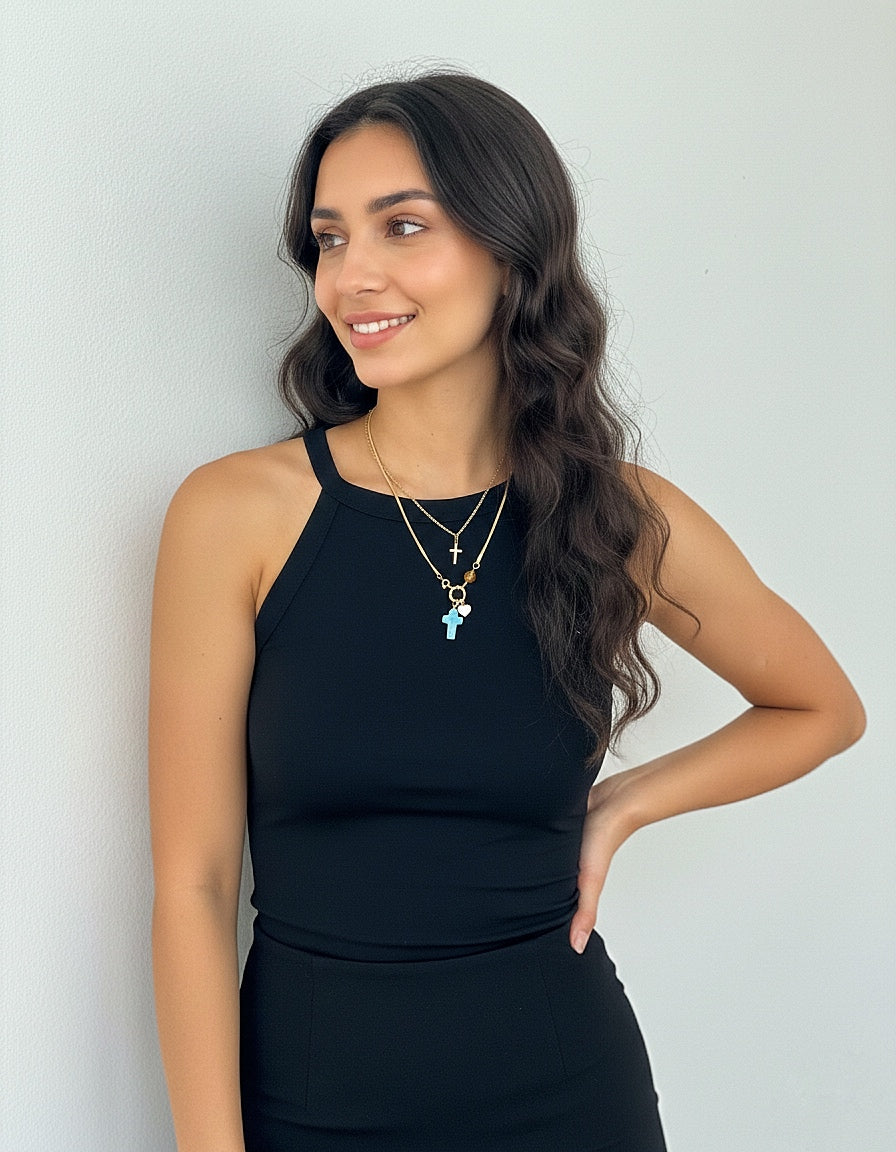 Cadena con cruz de larimar, ámbar y corazón con nácar