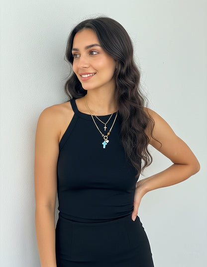Cadena con cruz de larimar, ámbar y corazón con nácar