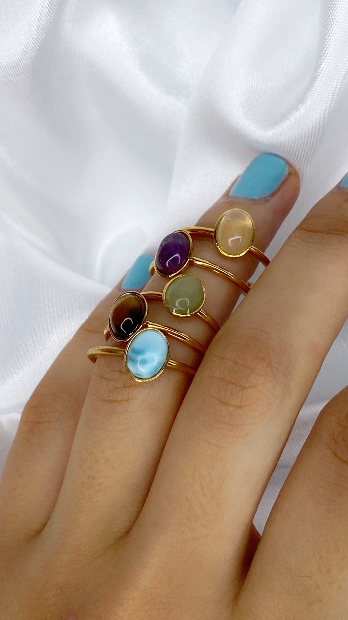 coleccion de anillos de piedras naturales natureza ajustables a prueba de agua sudor acero inoxidable dorado plateado ambar nacar larimar ojo de tigre aventurina cuarzo rosa amatista opalo sintetico perla de rio redondo ovalado
